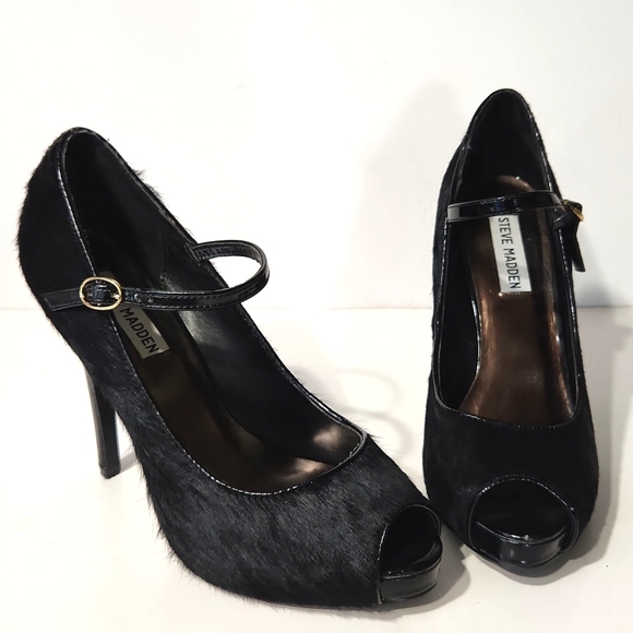 Steve Madden Laveda Black Leather Calf Hair Peep Toe Pumps Size 8M EUC! - Picture 3 of 11